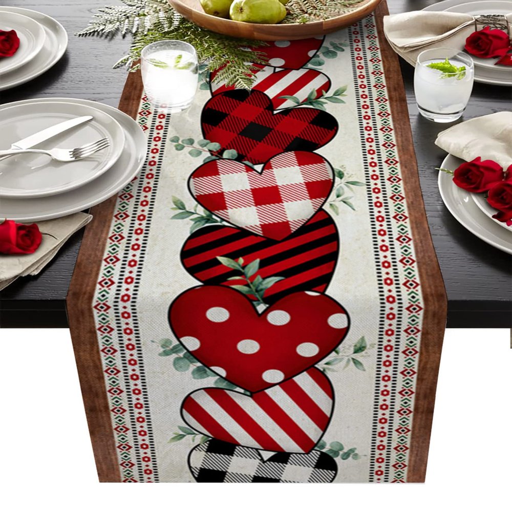 Heart Table Runner, Christmas Party Tablerunners 13x70inch, Table Decorations Tabletop Scarf for Winter Xmas Holiday Family Gathering Dining Kitchen, Love Valentine's Day Sweetheart Green Leaves