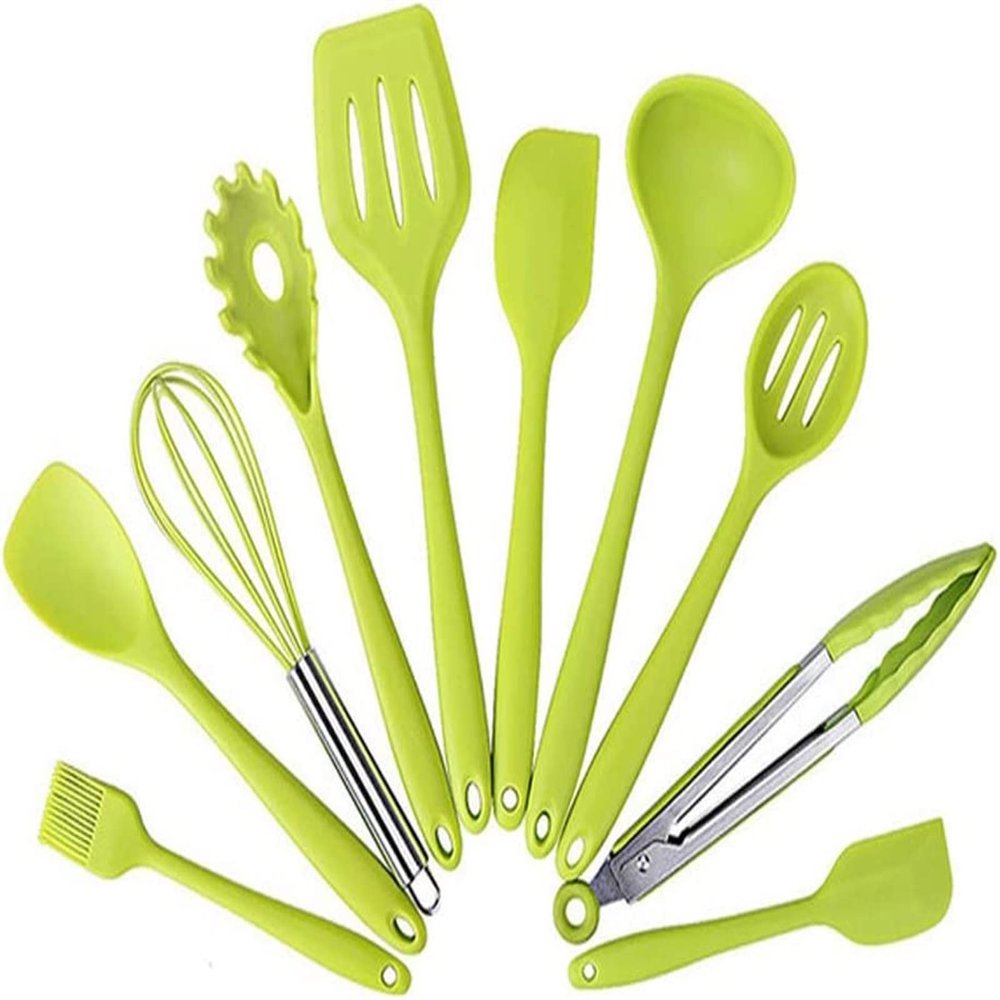10 Silicone Kitchenware Non-stick Cookware Cooking Tool Spatula Ladle Egg Beaters Shovel Spoon Soup Kitchen Utensils Set (Color : A)
