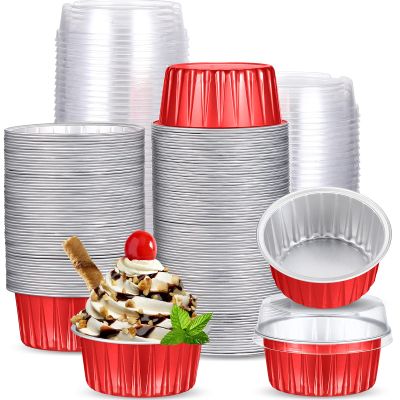 150 Pcs Aluminum Foil Baking Cup Disposable Ramekins with Lids 5oz Mini Cupcake Liners Flan Mold Mini Cake Pans with Lids Disposable Cake Tins for Pudding Desert Creme Brulee (Red, Silver)