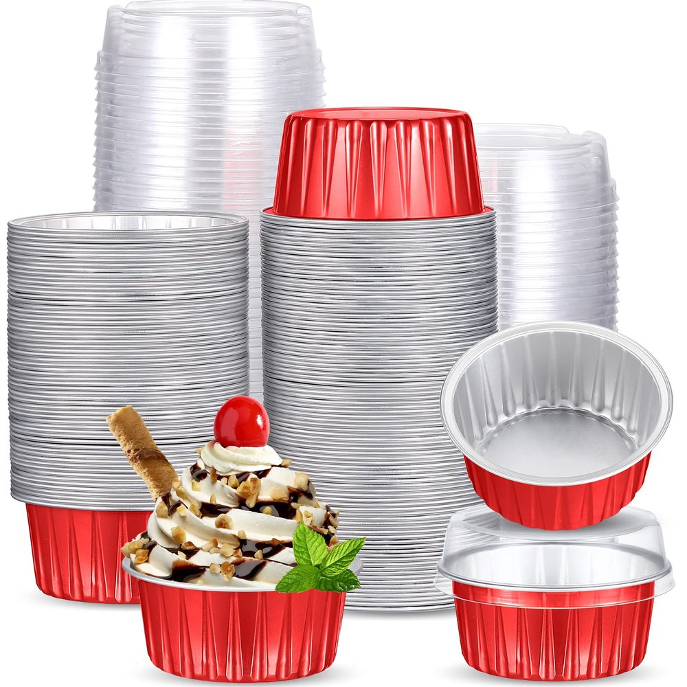 150 Pcs Aluminum Foil Baking Cup Disposable Ramekins with Lids 5oz Mini Cupcake Liners Flan Mold Mini Cake Pans with Lids Disposable Cake Tins for Pudding Desert Creme Brulee (Red, Silver)
