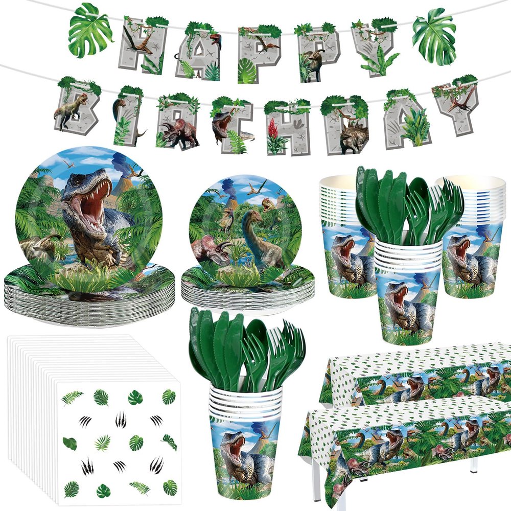 Tatuo 172 Pcs Dinosaur Birthday Party Supplies Dinosaur Theme Party Decorations for Dino Tablecloth Happy Birthday Banner Knife Fork Spoon Plate Napkin Cup Tableware Supplies Serve 24