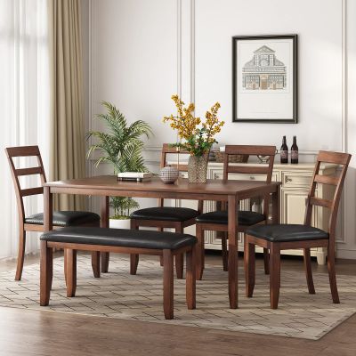 6-Piece Farmhouse Rustic Dining Table Set, Wooden Dining Table with 4 PU Padded Chairs Rectangular Kitchen Table Set with a Long Bench, Kitchen Dining Room Table Set for 6 People