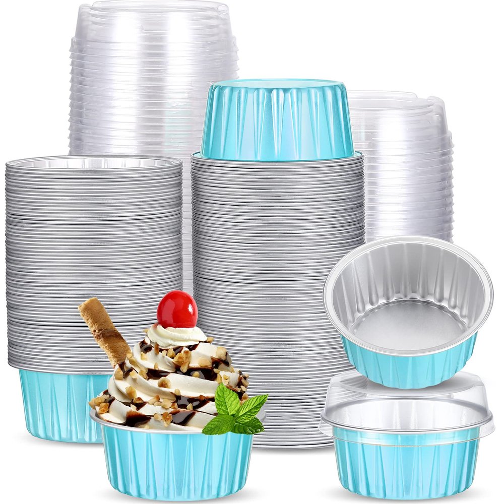 150 Pcs Aluminum Foil Baking Cup Disposable Ramekins with Lids 5oz Mini Cupcake Liners Flan Mold Mini Cake Pans with Lids Disposable Cake Tins for Pudding Desert Creme Brulee (Blue, Silver)