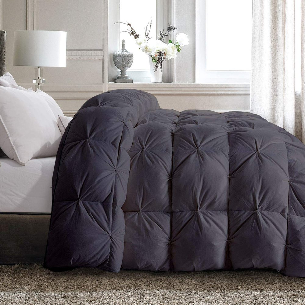 All Star Linen Quilted Down Alternative Full Comforter 1 Piece Luxury Dark Grey Pinch Pleated Comforter Full (90'' x 90'')