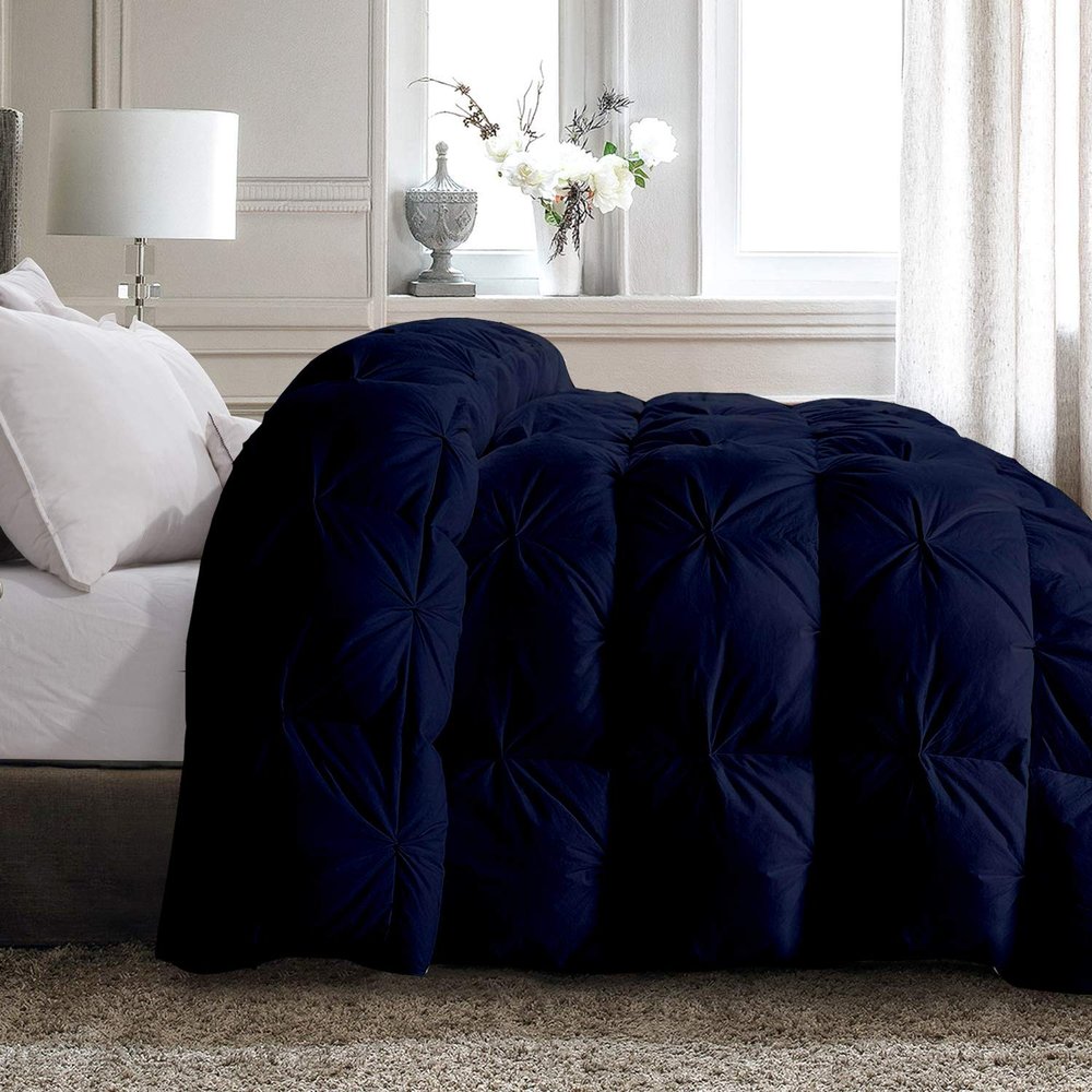 All Star Linen Quilted Down Alternative Olympic Queen Comforter 1 Piece Luxury Navy Blue Pinch Pleated Comforter Olympic Queen (98'' x 98'')