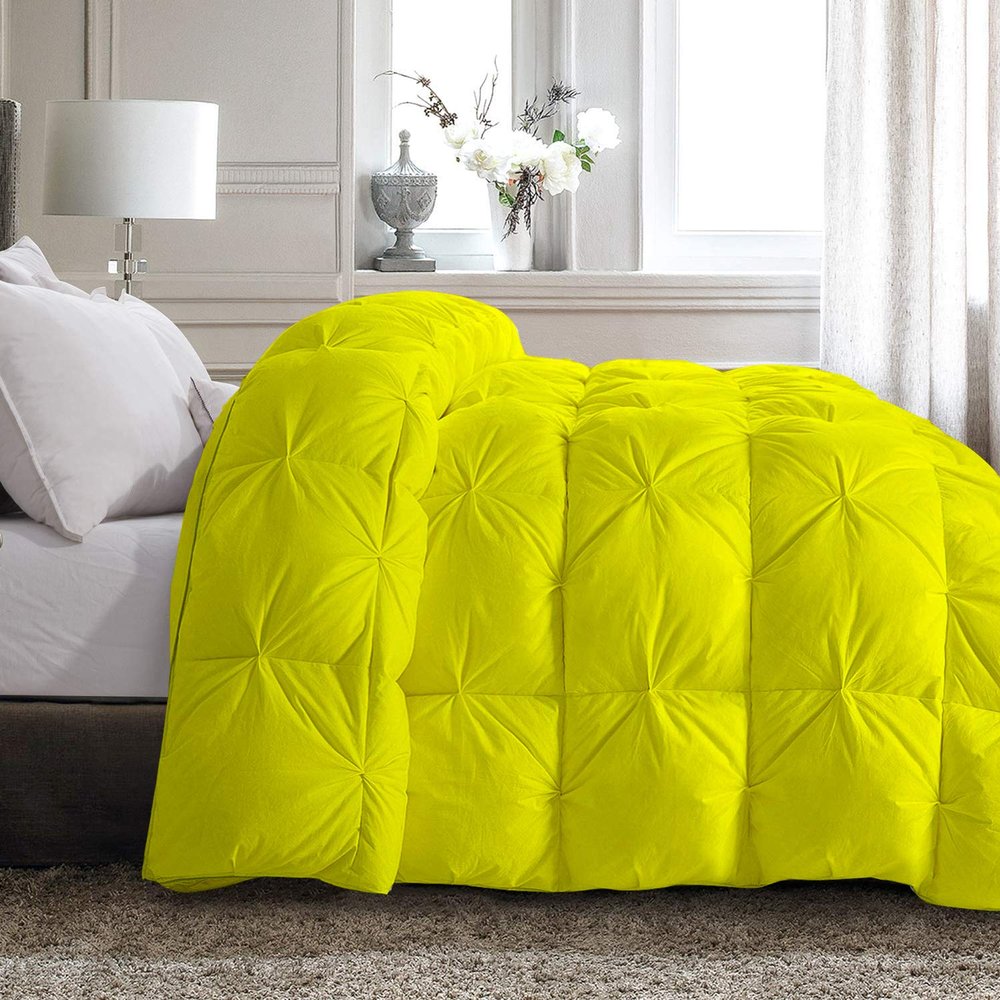 All Star Linen Quilted Down Alternative Queen Comforter 1 Piece Luxury Yellow Pinch Pleated Comforter Queen (88'' x 92'')