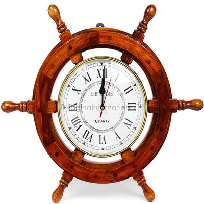 Antiqueara 18" Solid Wood Brass Ship Wheel Wall Clock Porthole Nautical Decor Shipwheel 18" Ship Wheel Clock: Boat DecorationWooden Nautical Shipwheel with Clock