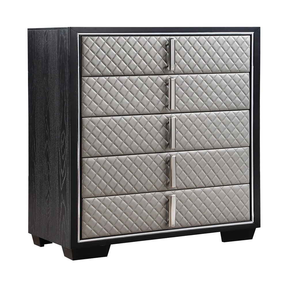 Acme Nicola 5 Drawers Wooden and Faux Leather Chest in Silver and Black
