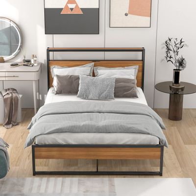 Anwick Full Size Metal Platform Bed Frame with Two Drawers,Sockets and USB Ports,Slat Support No Box Spring Needed, White
