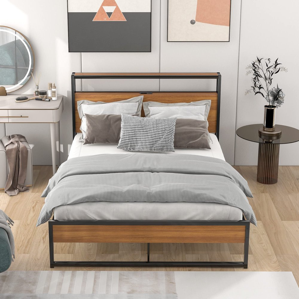 Anwick Full Size Metal Platform Bed Frame with Two Drawers,Sockets and USB Ports,Slat Support No Box Spring Needed, White
