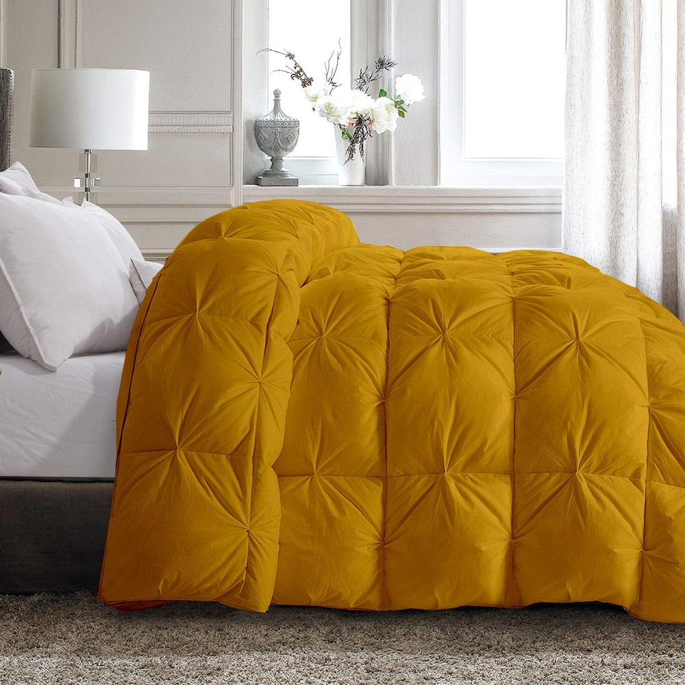 All Star Linen Quilted Down Alternative Olympic Queen Comforter 1 Piece Luxury Gold Pinch Pleated Comforter Olympic Queen (98'' x 98'')