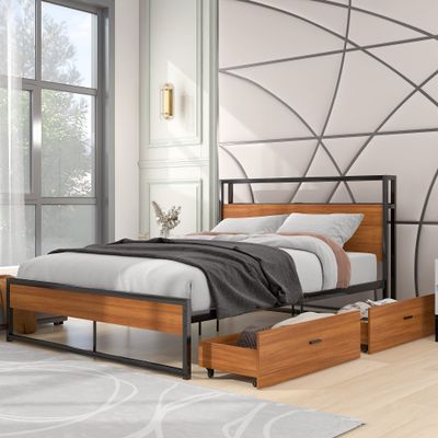 Anwick Full Size Metal Platform Bed Frame with Two Drawers,Sockets and USB Ports,Slat Support No Box Spring Needed, Black