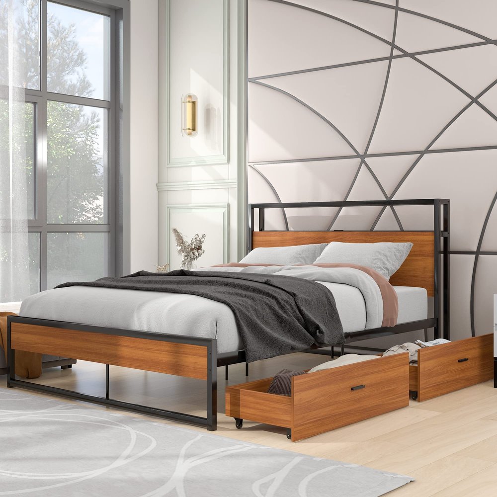Anwick Full Size Metal Platform Bed Frame with Two Drawers,Sockets and USB Ports,Slat Support No Box Spring Needed, Black