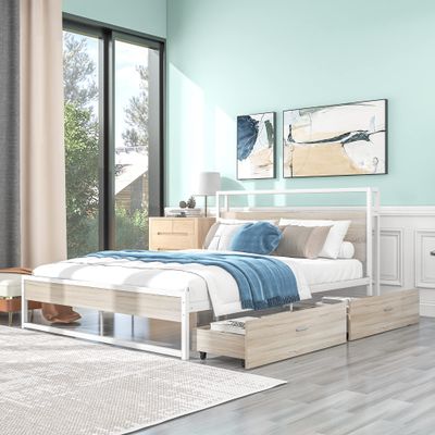 Anwick Queen Size Metal Platform Bed Frame with Two Drawers,Sockets and USB Ports,Slat Support No Box Spring Needed, White
