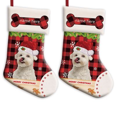 MALIHONG Personalized 2 Pack Merry Christmas Stocking Lovely Maltese Dog with Santa Hat Red Buffalo Plaid Check Snowflake Christmas Stocking Gift Bag Xmas Holiday Festival Decor Stocking 14.4"