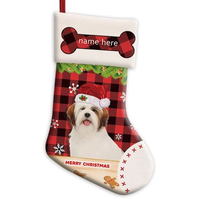 MALIHONG Personalized 1 Pack Merry Christmas Stocking Lhasa Apso Dog with Santa Hat Red Buffalo Plaid Check Snowflake Christmas Stocking Gift Bag Xmas Holiday Festival Decor Stocking 14.4"