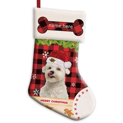 MALIHONG Personalized 1 Pack Merry Christmas Stocking Lovely Maltese Dog with Santa Hat Red Buffalo Plaid Check Snowflake Christmas Stocking Gift Bag Xmas Holiday Festival Decor Stocking 14.4"