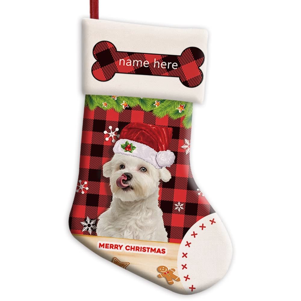 MALIHONG Personalized 1 Pack Merry Christmas Stocking Lovely Maltese Dog with Santa Hat Red Buffalo Plaid Check Snowflake Christmas Stocking Gift Bag Xmas Holiday Festival Decor Stocking 14.4"