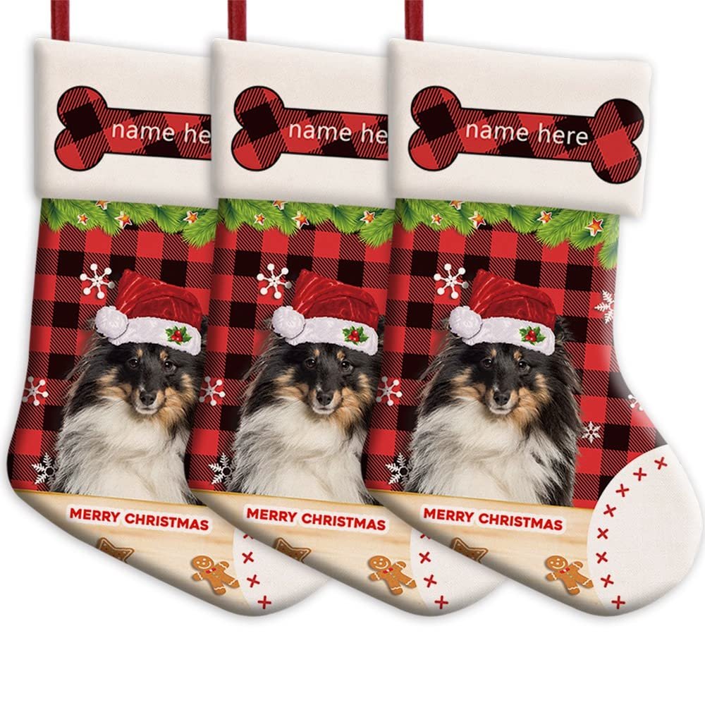 MALIHONG Personalized 3 Pack Merry Christmas Stocking Lovely Shetland Sheepdog with Santa Hat Red Buffalo Plaid Check Snowflake Christmas Stocking Gift Bag Xmas Holiday Festival Decor Stocking 14.4"