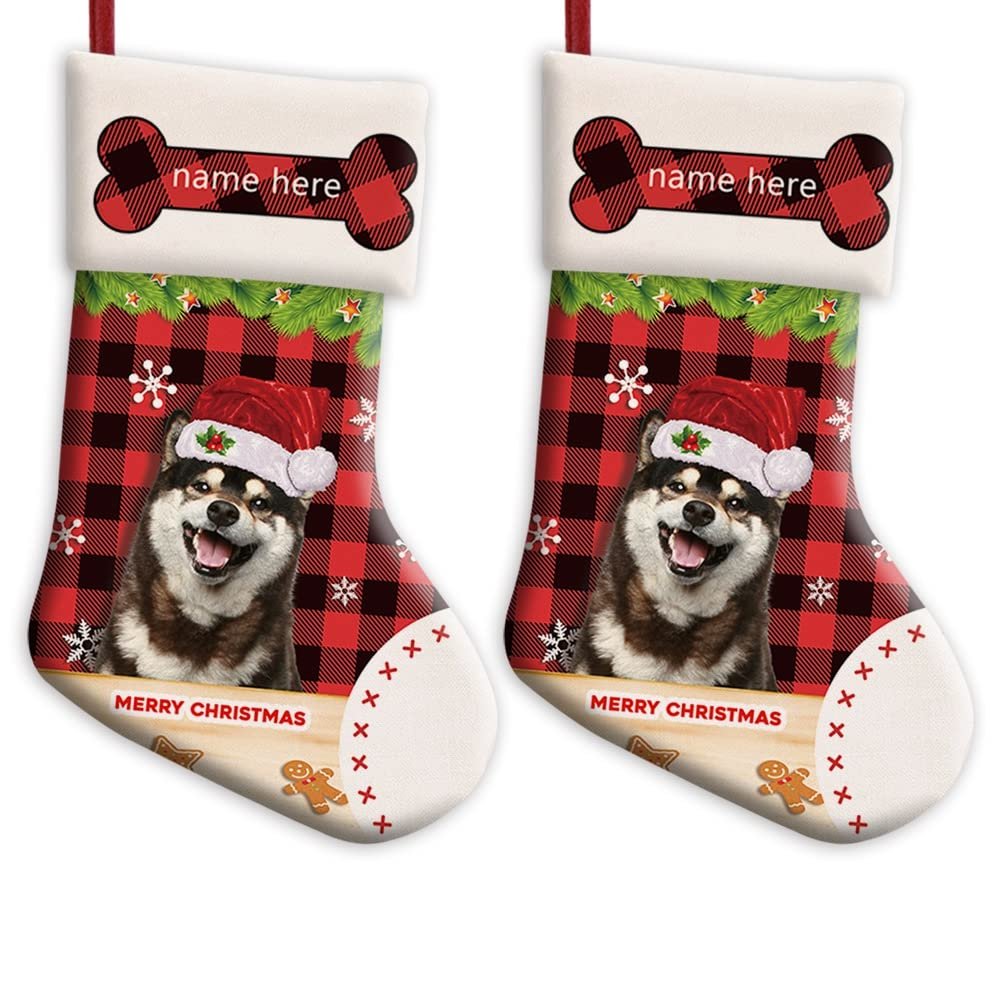 MALIHONG Personalized 2 Pack Merry Christmas Stocking Cute Shiba Inu Dog with Santa Hat Red Buffalo Plaid Check Snowflake Christmas Stocking Gift Bag Xmas Holiday Festival Decor Stocking 14.4"