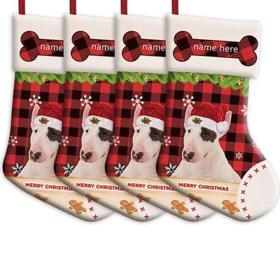 MALIHONG Personalized 4 Pack Merry Christmas Stocking Bull Terrier Dog with Santa Hat Red Buffalo Plaid Check Snowflake Christmas Stocking Gift Bag Xmas Holiday Festival Decor Stocking 14.4"