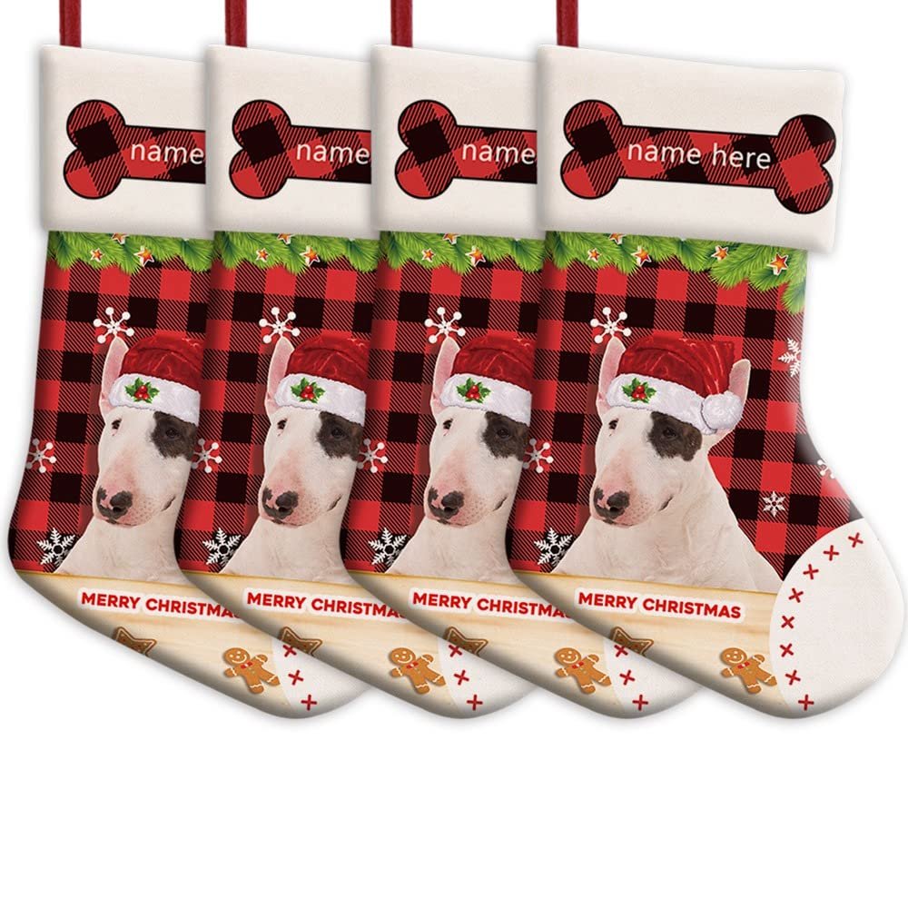 MALIHONG Personalized 4 Pack Merry Christmas Stocking Bull Terrier Dog with Santa Hat Red Buffalo Plaid Check Snowflake Christmas Stocking Gift Bag Xmas Holiday Festival Decor Stocking 14.4"
