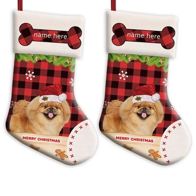 MALIHONG Personalized 2 Pack Merry Christmas Stocking Happy Pekingese Dog with Santa Hat Red Buffalo Plaid Check Snowflake Christmas Stocking Gift Bag Xmas Holiday Festival Decor Stocking 14.4"