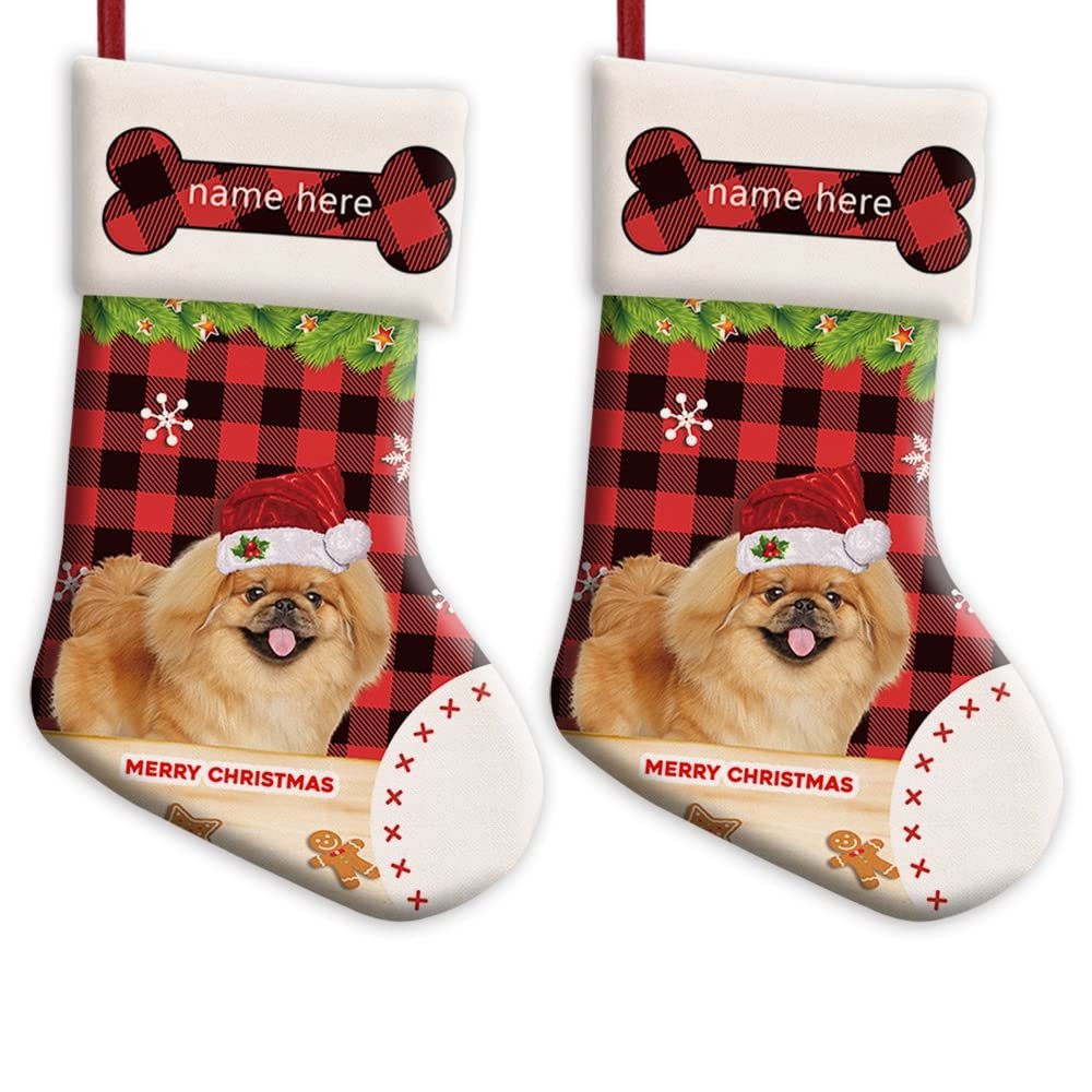 MALIHONG Personalized 2 Pack Merry Christmas Stocking Happy Pekingese Dog with Santa Hat Red Buffalo Plaid Check Snowflake Christmas Stocking Gift Bag Xmas Holiday Festival Decor Stocking 14.4"