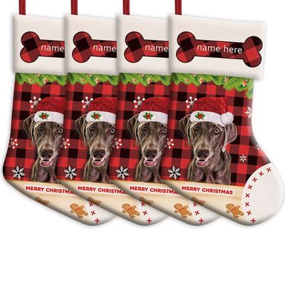 MALIHONG Personalized 4 Pack Merry Christmas Stocking Weimaraner Dog with Santa Hat Red Buffalo Plaid Check Snowflake Christmas Stocking Gift Bag Xmas Holiday Festival Decor Stocking 14.4"