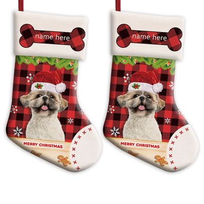MALIHONG Personalized 2 Pack Merry Christmas Stocking Shih Tzu Dog with Santa Hat Red Buffalo Plaid Check Snowflake Christmas Stocking Gift Bag Xmas Holiday Festival Decor Stocking 14.4"