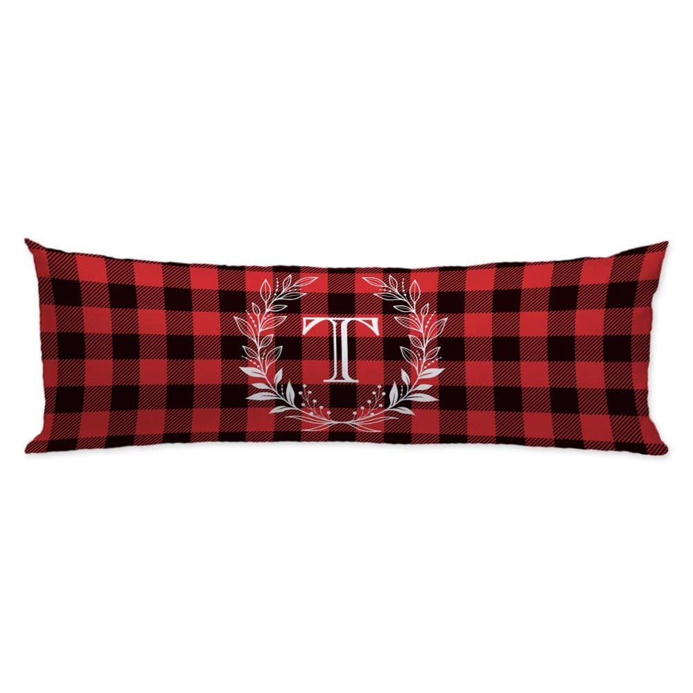 GUGLILI Christmas Buffalo Check Plaid Monogram T Initial Long Pillowcase Red Alphabet Weaths Body Pillow Cover for Family Pillow Protectors with Zipper Two Sides Print 20x54 inch