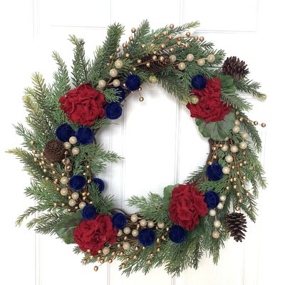 Holiday Wreath (Faux Greenery, Grapevines, Brown, Green, Deep Red, Gold, Royal Blue, Black)