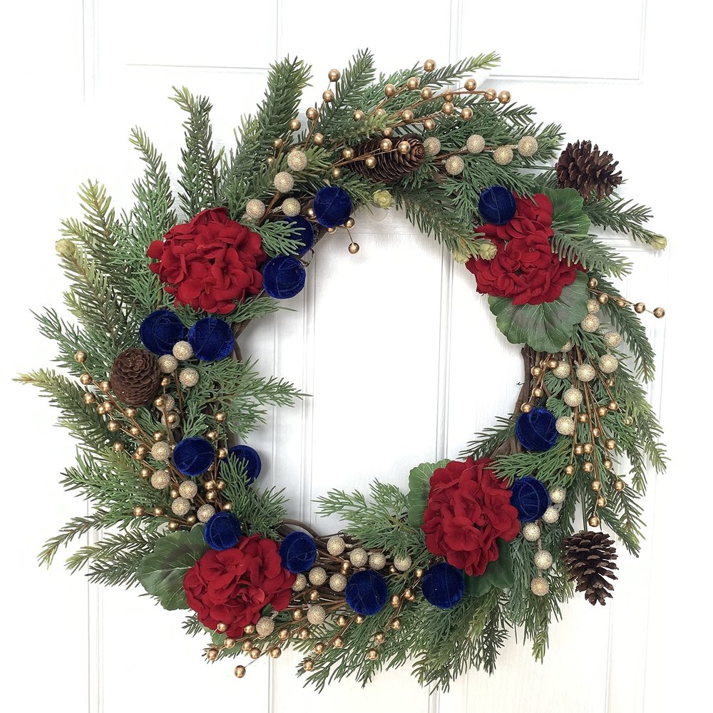 Holiday Wreath (Faux Greenery, Grapevines, Brown, Green, Deep Red, Gold, Royal Blue, Black)
