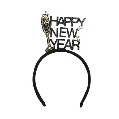 Dzrige Happy New Year Headband with Red Wine Glasses, Glitter Gold and Black Wine Glasses New Year Headwear for New Year Carnival Party Props Decoration