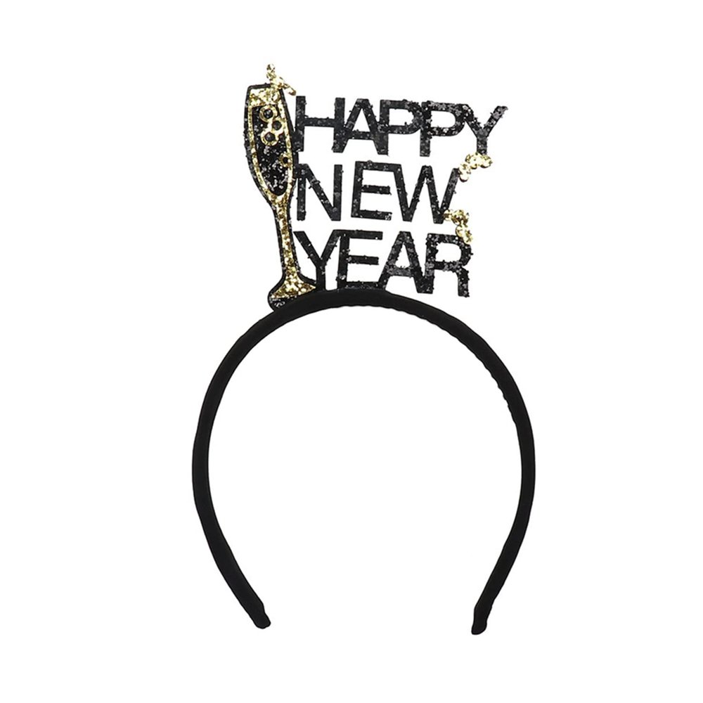 Dzrige Happy New Year Headband with Red Wine Glasses, Glitter Gold and Black Wine Glasses New Year Headwear for New Year Carnival Party Props Decoration