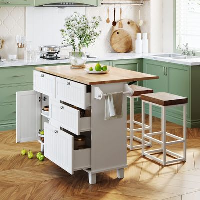 Aiuyesuo Farmhouse Kitchen Island Set,Rectangular Bar Table with 2 Seatings and Drop Leaf, Dining Table Set with Storage Cabinet, Drawers and Towel Rack for Kitchen,Living Room (White)