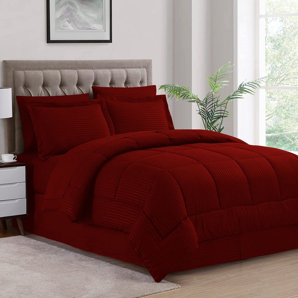 1 Piece Baffled Box Stitched Striped Pattern Comforter Ultra Soft 100% Egyptian Cotton Quilt Cover - (Full/Queen Size, Burgundy)