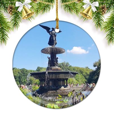 New York New York City Central Park Fountain USA America Christmas Ornaments for Tree Ceramic Pendant Double Sided Ornament Decor Xmas Gifts Porcelain Travel Souvenirs
