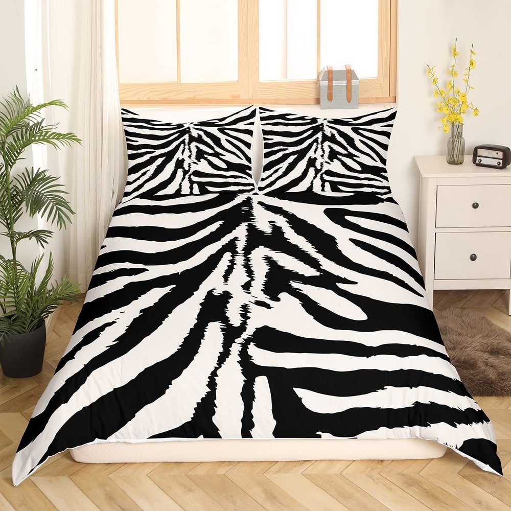 Zebra Skin Print Kids Duvet Cover Set Twin Size,Boys Girls Adults Xmas Decor,Wild Animals Abstract Fur Texture Comforter Cover,Rustic Farmhouse Bedding Set,Black Retro Quilt Cover,1 Pillowcase