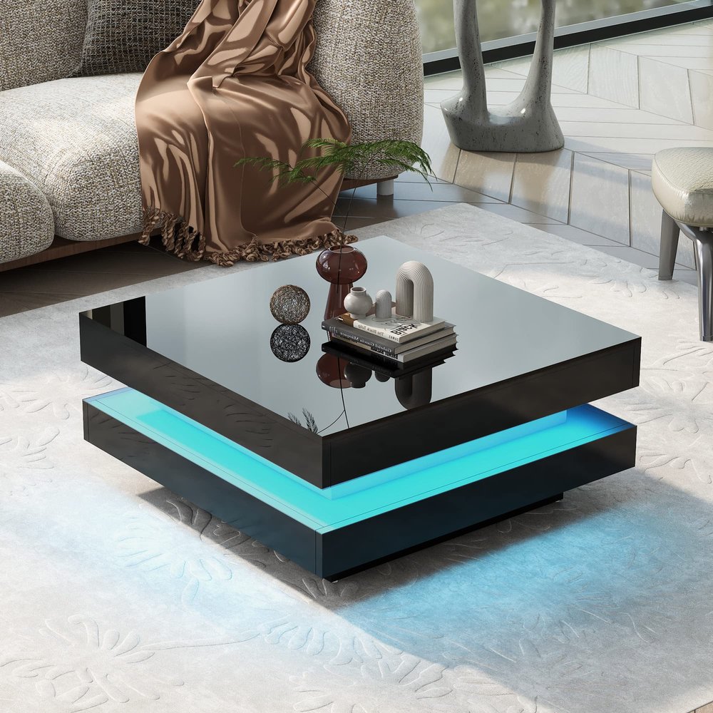 47.2 Inches 2-Tier LED Light White Coffee Table, Modern Industrial Design Cocktail Table with 17-Color LED Lighting and a Remote Control for Livinging Room, Bedroom, Office(Black)