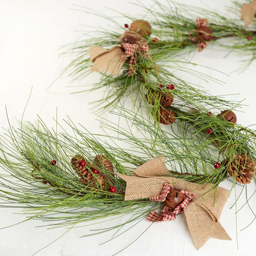Artificial Long Needle Pine Berries and Burlap Bows Garland by Factory Direct Craft - Wispy Faux Pine Christmas Garland Woodland Decoration for Holiday Dcor