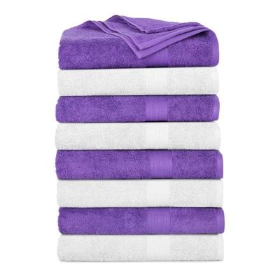 8-Piece White and Purple Shade Elegant Cotton Bath Towels 12 in. L X 18 in. W X 12 in. H Size, 500 - 699 GSM, Machine Washable, Soft Fluffy and Thick Feel | All Season Extra Absorbent, Highly Durable