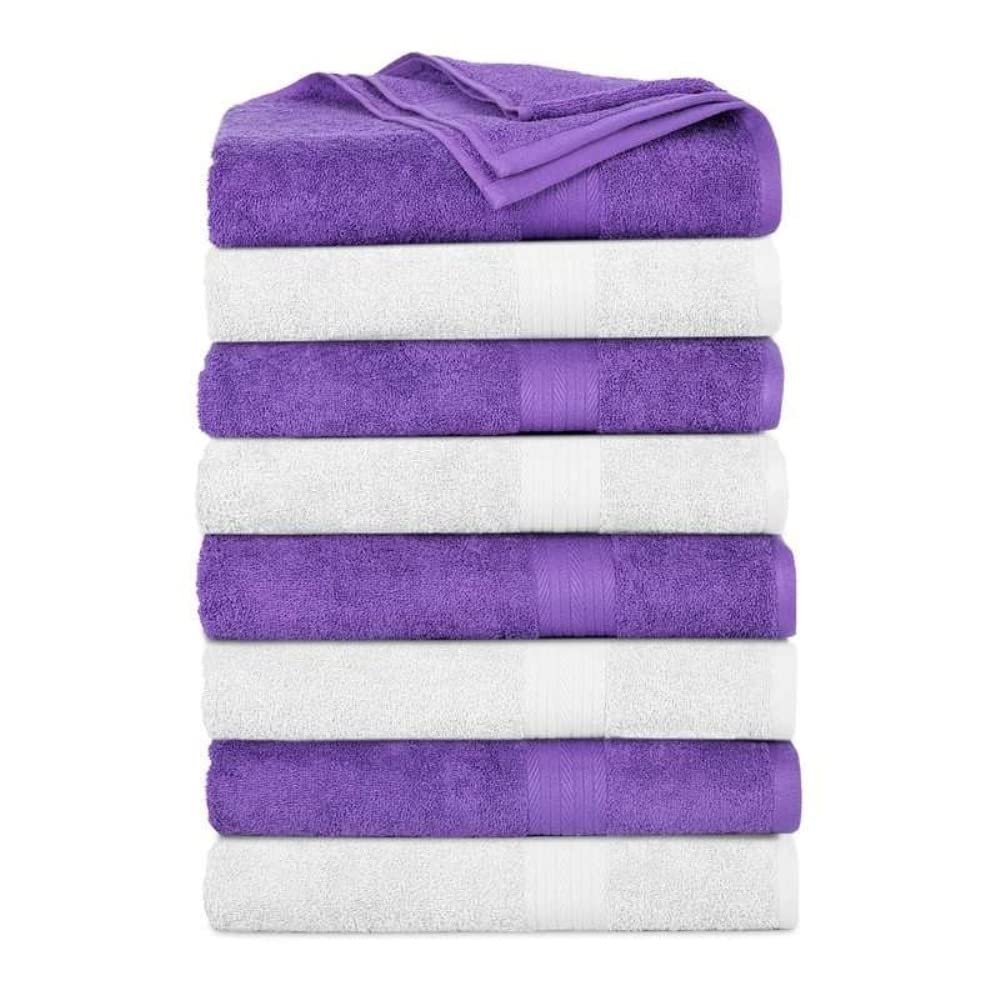 8-Piece White and Purple Shade Elegant Cotton Bath Towels 12 in. L X 18 in. W X 12 in. H Size, 500 - 699 GSM, Machine Washable, Soft Fluffy and Thick Feel | All Season Extra Absorbent, Highly Durable