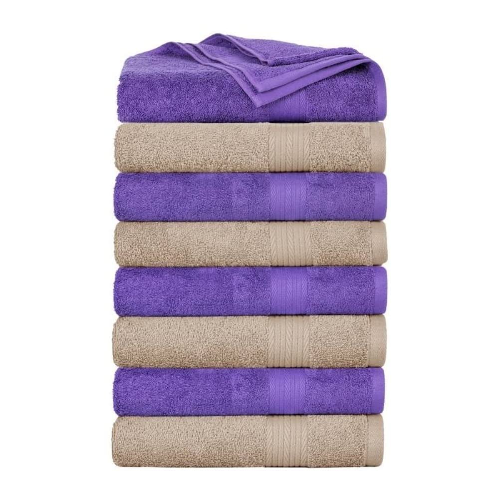 8-Piece Beige and Purple Shade Elegant Cotton Bath Towels 12 in. L X 18 in. W X 12 in. H Size, 500 - 699 GSM, Machine Washable, Soft Fluffy and Thick Feel | All Season Extra Absorbent, Highly Durable