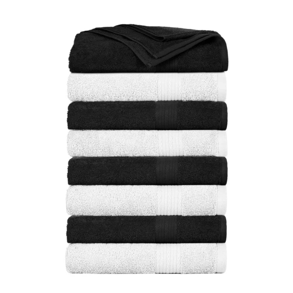 8-Piece White and Black Shade Elegant Cotton Bath Towels 12 in. L X 18 in. W X 12 in. H Size, 500 - 699 GSM, Machine Washable, Soft Fluffy and Thick Feel | All Season Extra Absorbent, Highly Durable