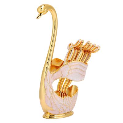 Atyhao Coffee Spoon Stand Kit,Coffee Dessert Spoon Set European Elegant Swan Fruit Scoop Holder Decorative Tableware (Gold White)