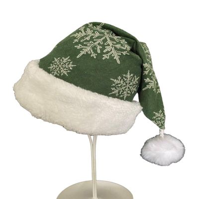 Hunter Green and White Snowflake Santa Hat, Novelty Adult Size Green Flannel Christmas Party Hat