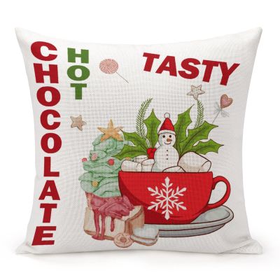 TiuKiu Gift for Family Members Throw Pillow Cases Vintage Christmas Hot Cocoa Pillow Cover Case 24"x24" Linen Cushion Covers Decorative Pillowcase for Couch Sofa Bedroom Car