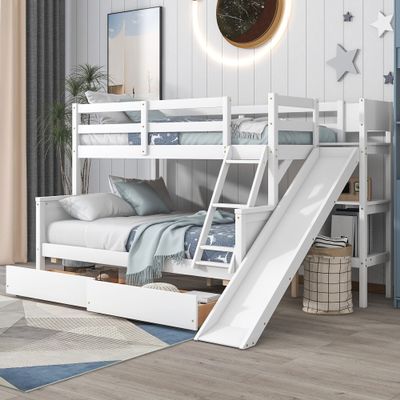 Unique Twin Over Full Solid Wood Bunk Bed with 2 Drawers and 3-Tier Shelves, Bunk Bed with Fun Slide and Safety Guardrail for Kids Teens Aldult, Detachable into 2 Separate Beds for Bedroom (White#F<)