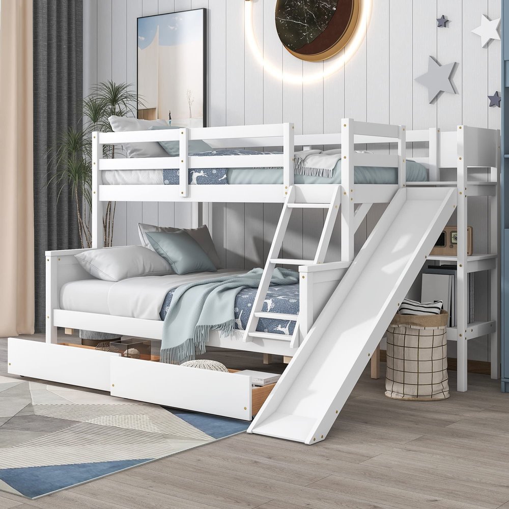 Unique Twin Over Full Solid Wood Bunk Bed with 2 Drawers and 3-Tier Shelves, Bunk Bed with Fun Slide and Safety Guardrail for Kids Teens Aldult, Detachable into 2 Separate Beds for Bedroom (White#F<)